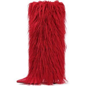 Womens B-Red Fur Knee High Boots with Heels Wide Calf Tall Fold Over Party Boots